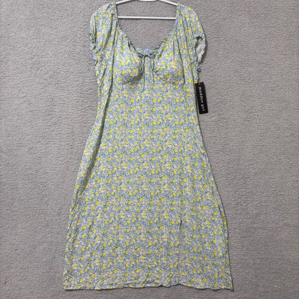 Floral Midi Dress 1X Puff Sleeve Tie Front Sweetheart Neckline Summer Casual NWT